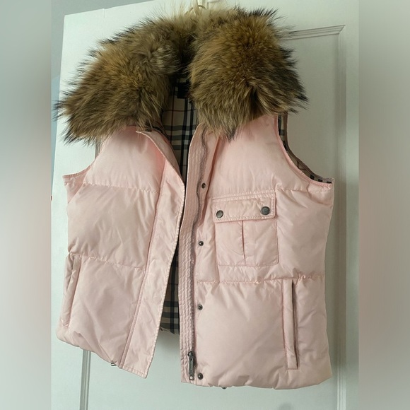 Burberry Jackets & Blazers - Burberry pink vest with genuine fur collar Large